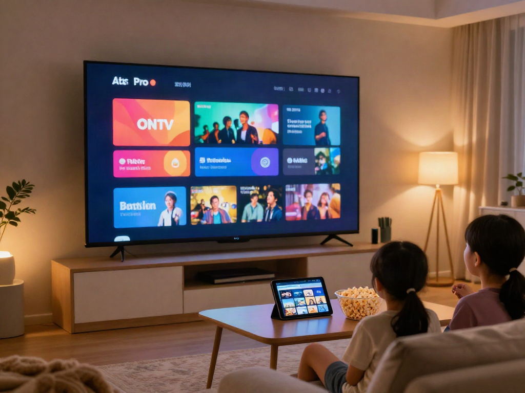 Famille profitant de l'application Atlas Pro ONTV sur grand écran dans un salon confortable.