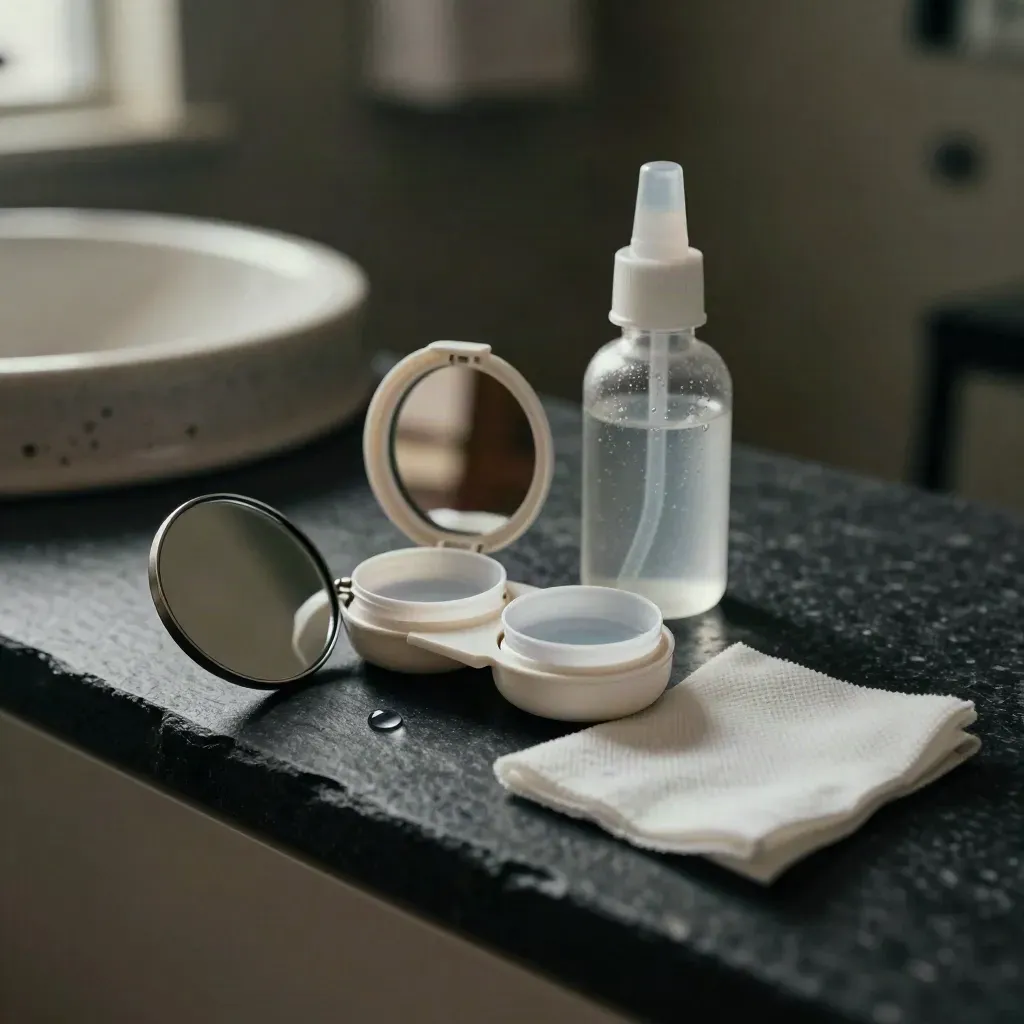 Kit de lentilles, sérum et miroir sur dalle sombre, goutte brillante en suspension.