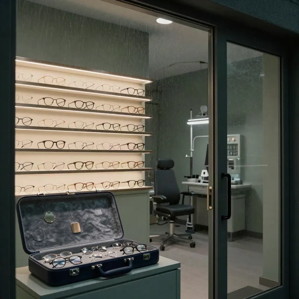Suite d’optique premium avec montures, étui, verres et fauteuil d’examen sous une lumière cinématique.