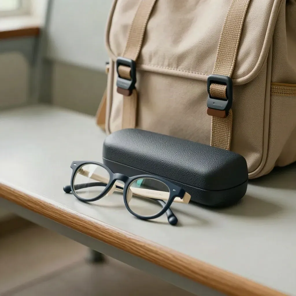 Monture enfant, étui renforcé et sac scolaire sur un banc clair, ambiance clinique douce.
