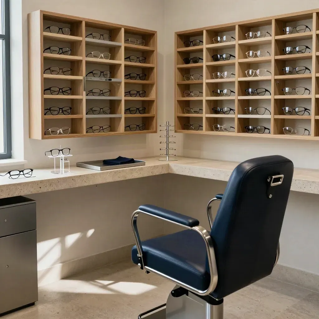 Salle d’examen visuel premium avec fauteuil, montures classées et lumière naturelle.