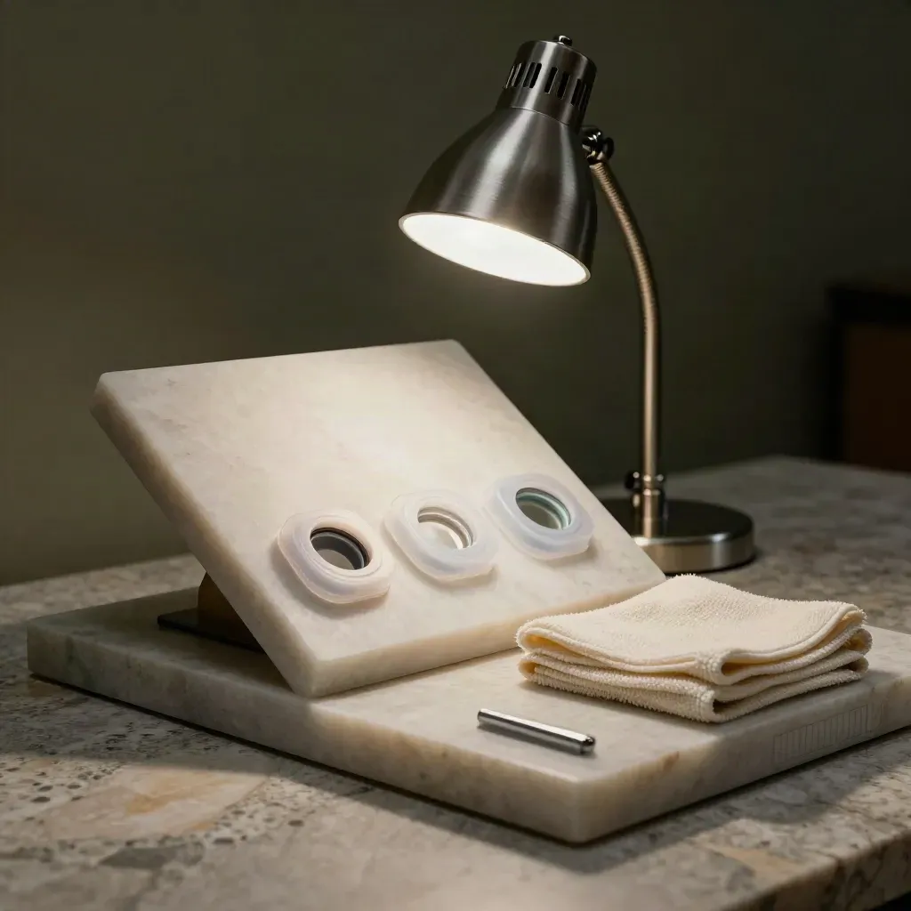 Aides de basse vision : support de lecture incliné, lampe compacte et filtres sur pierre minérale.