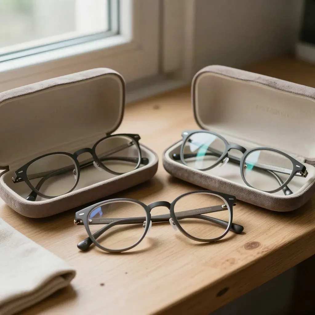 Deux paires de lunettes prêtes, dans des étuis ouverts sur un banc en bois clair.