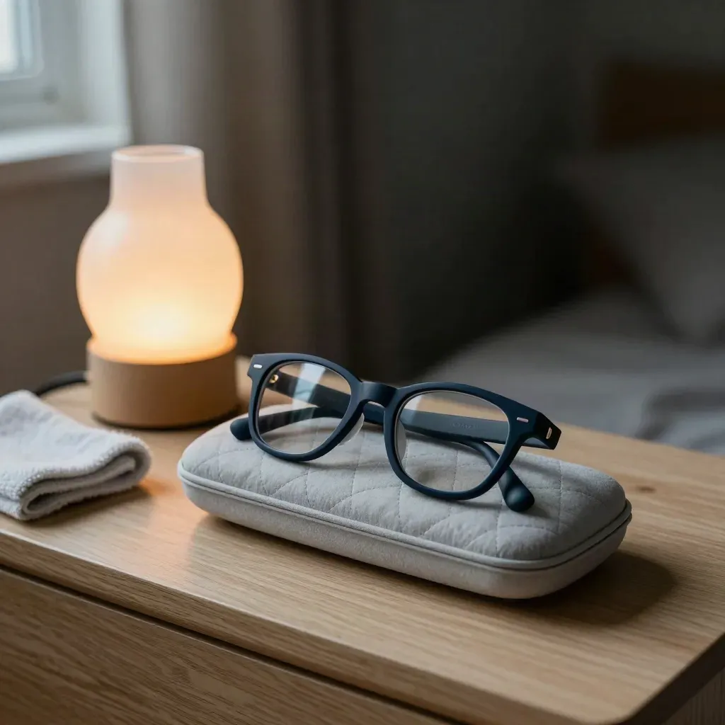 Monture enfant, étui matelassé et veilleuse sur table de nuit, ambiance douce et calme.