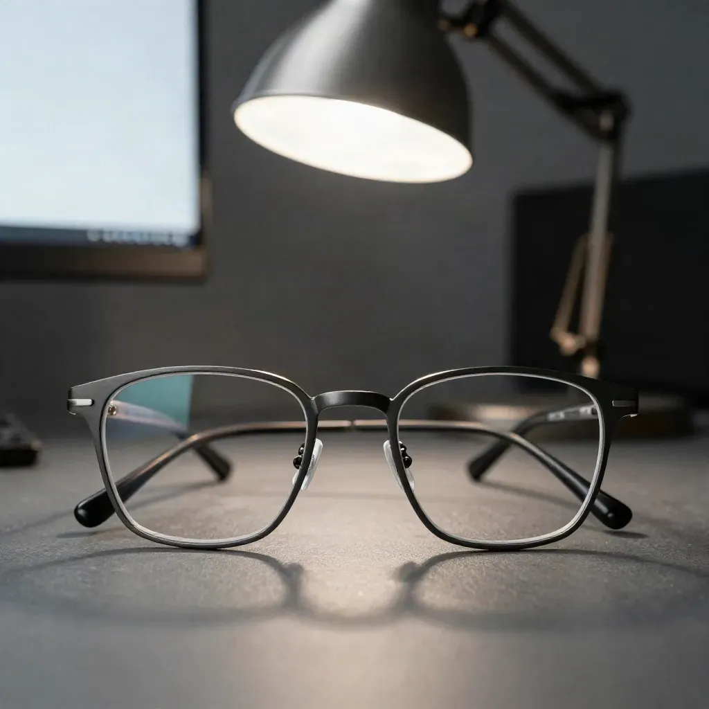 Des lunettes anti-reflets devant un écran éteint et une lampe de bureau matte, ambiance cinématographique.