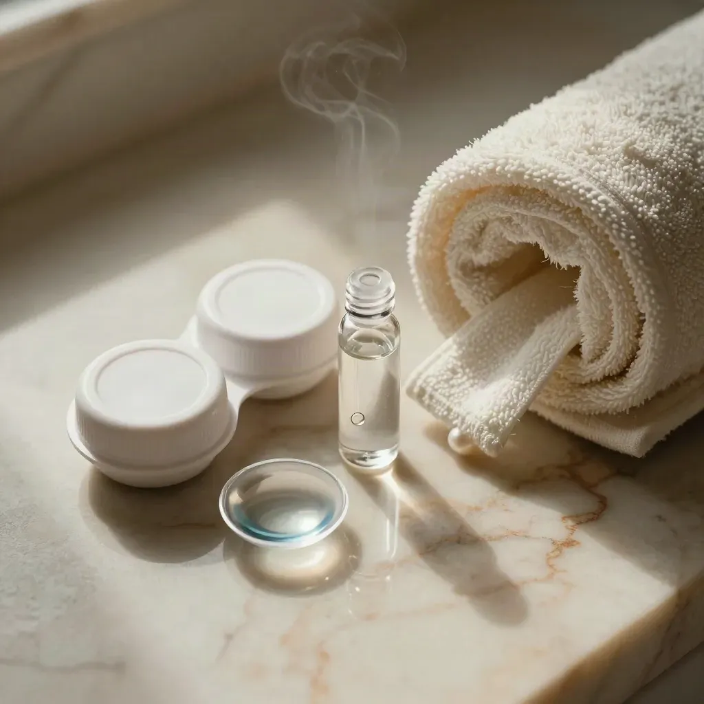 Kit de lentilles fermé, miroir ovale, sérum et serviette roulée sur marbre légèrement brumeux.