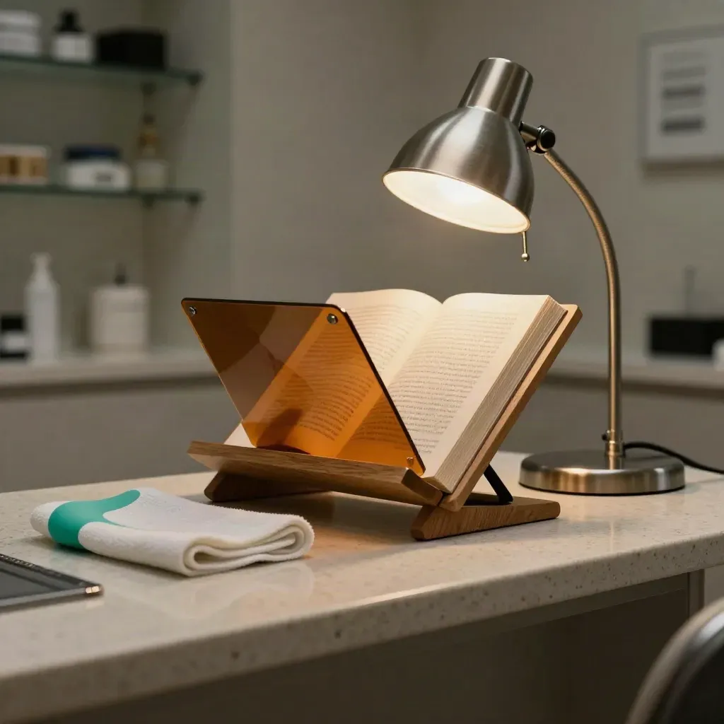 Support de lecture incliné, lampe douce et filtre ambré près d’un livre fermé, en clinique.