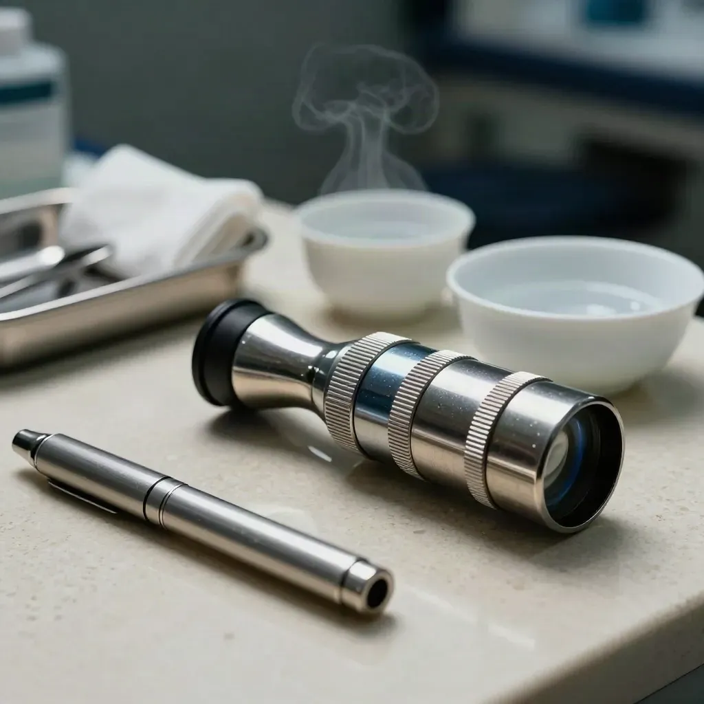 Ophtalmoscope, lampe stylo et coupelle en porcelaine sur travertin, lumière froide.