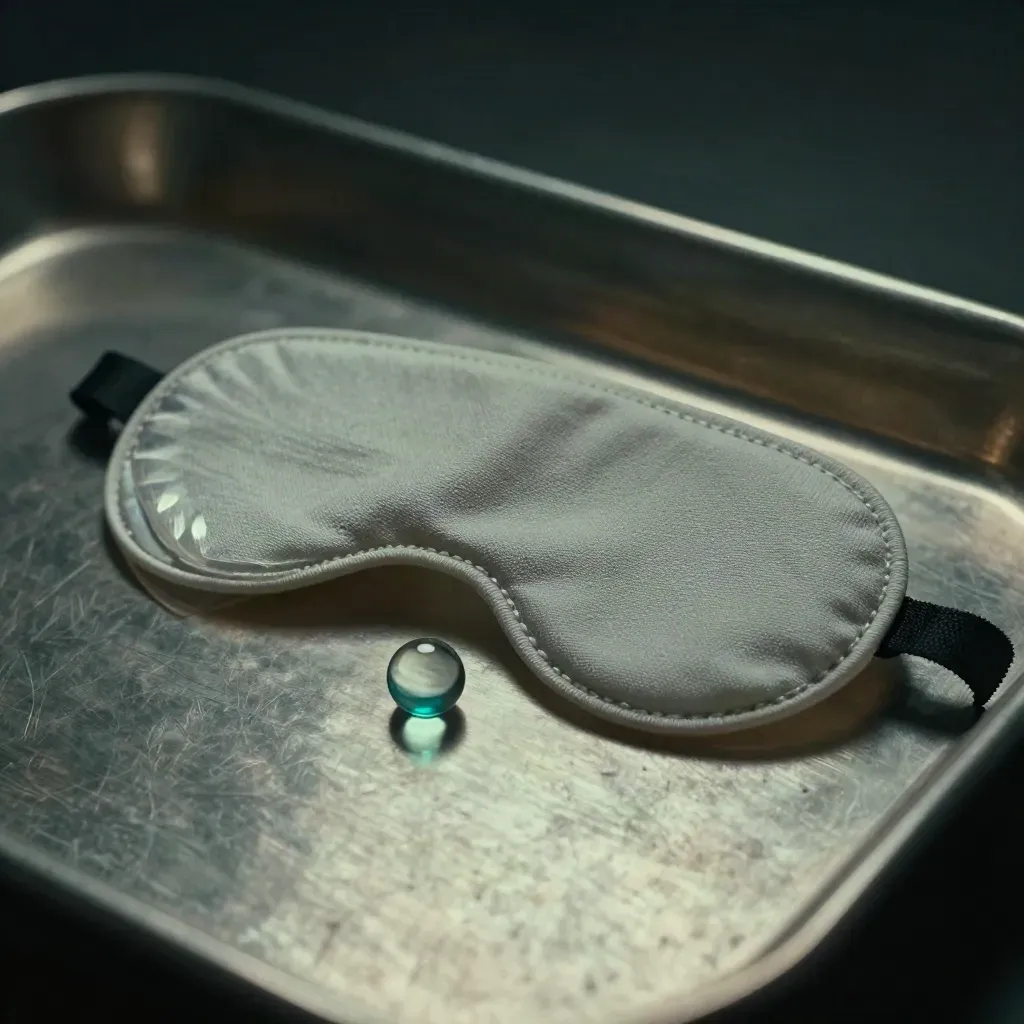 Cache-œil mat, prismes optiques et bille de fixation en verre sur un support clinique.