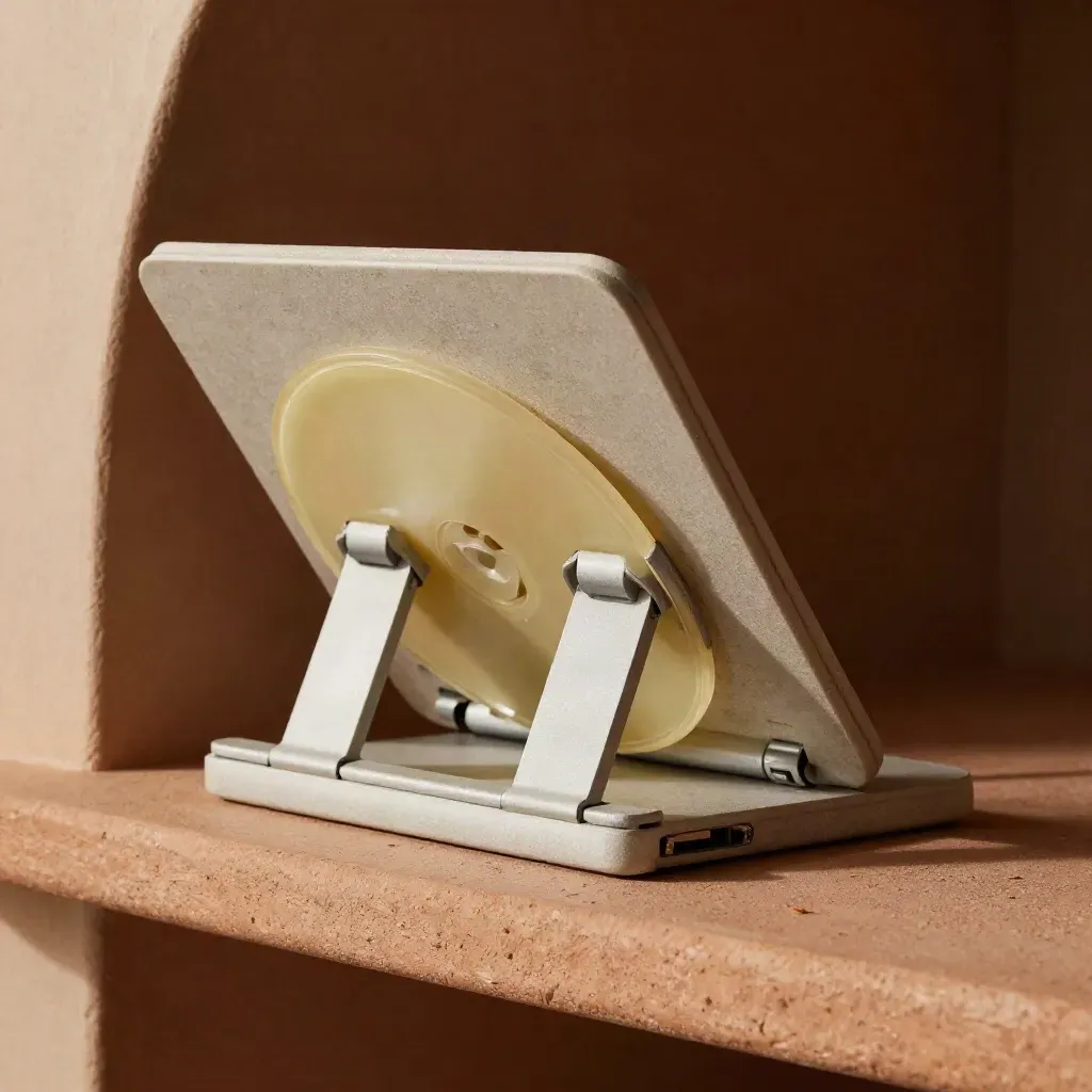 Kit basse vision en macro : support de lecture, filtre jaune pâle et petite lampe sur terre cuite.