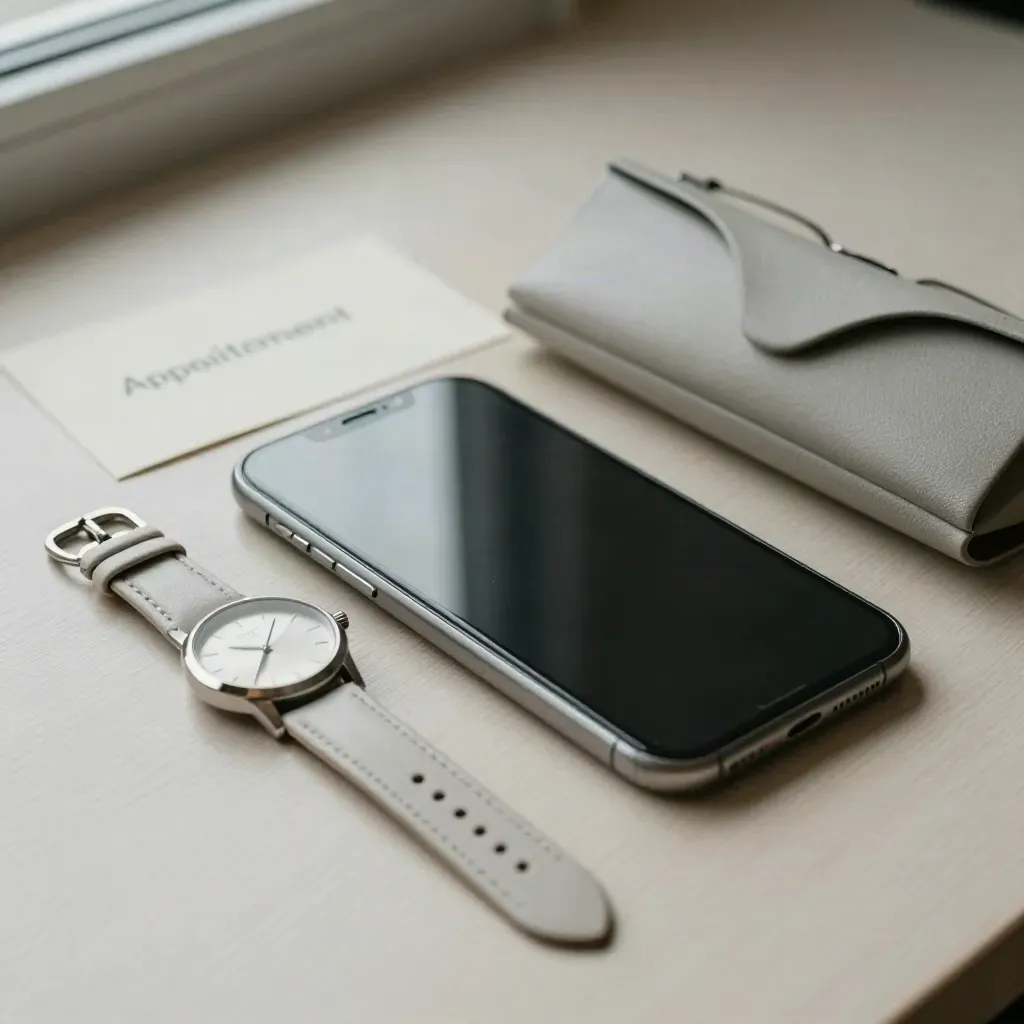 Smartphone éteint, montre, clés et étui de lunettes sur bois clair, lumière douce.