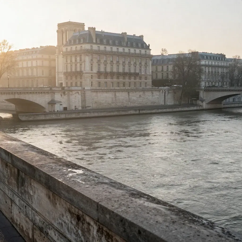 Brume matinale sur la Seine, l’Île de la Cité et des façades claires au lever du jour