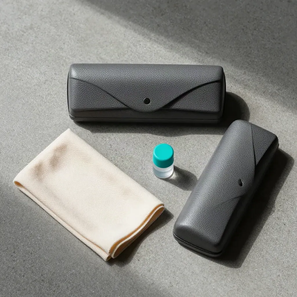 Étui de lunettes, chiffon microfibre et flacon de nettoyage sur béton clair.