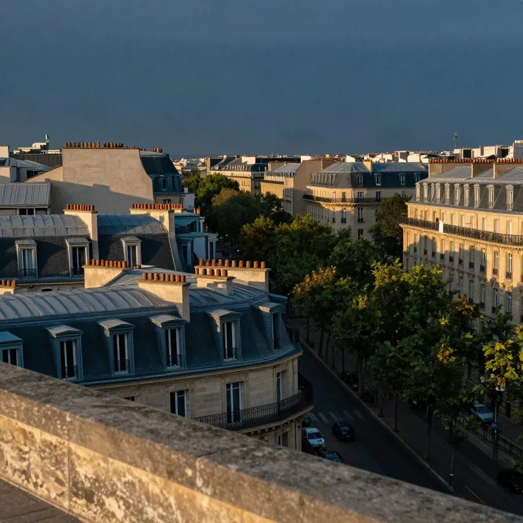Toits haussmanniens de l’ouest parisien au soir, avenue arborée et lumière dorée.