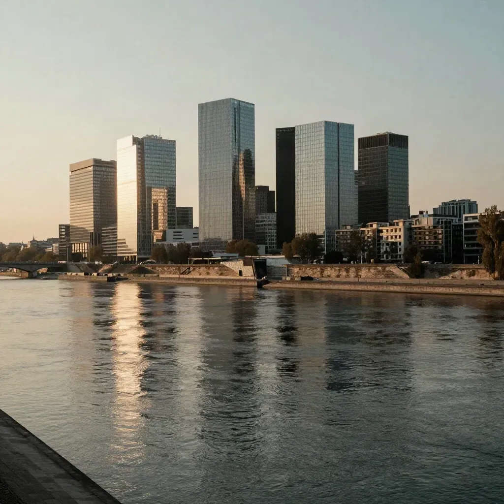 La Défense au loin sur la Seine, lumière dorée et reflets calmes