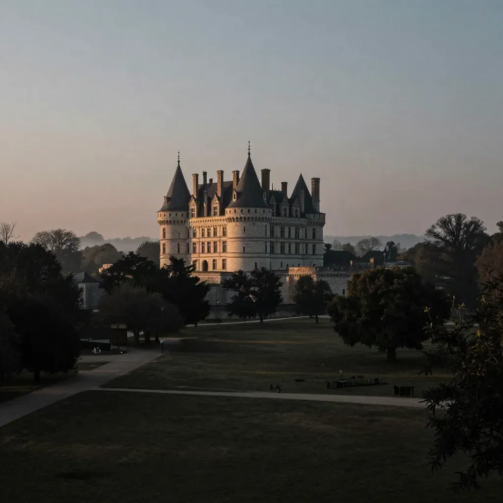 Tours du château de Vincennes au-dessus d’un parc brumeux, lumière de fin de jour.